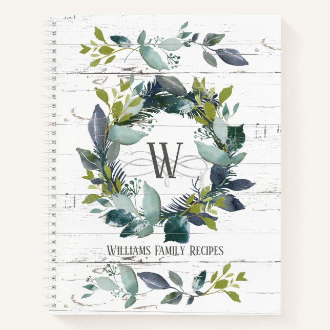 Rustic Watercolor Laurel Wreath Monogram Recipe Notebook (Front)