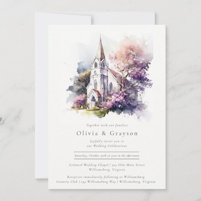 Rustic Watercolor Lavender Chapel Wedding  Invitation (Front)