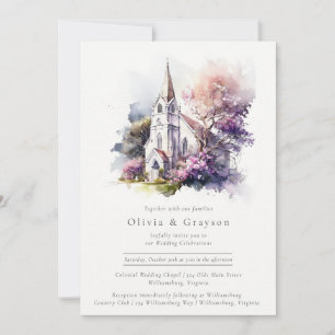 Rustic Watercolor Lavender Chapel Wedding  Invitation