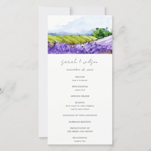 Rustic Watercolor Lavender Fields Wedding Program
