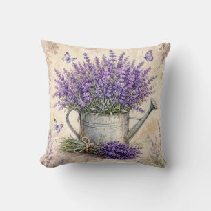 Rustic Watercolor Lavender Watering Can Throw Pillow