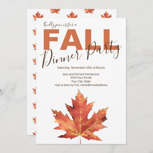 Rustic Watercolor Leaf Fall Dinner Party Invitation