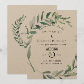 Rustic Watercolor Leaf Kraft Wedding Invitation