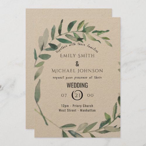 Rustic Watercolor Leaf Kraft Wedding Invitation