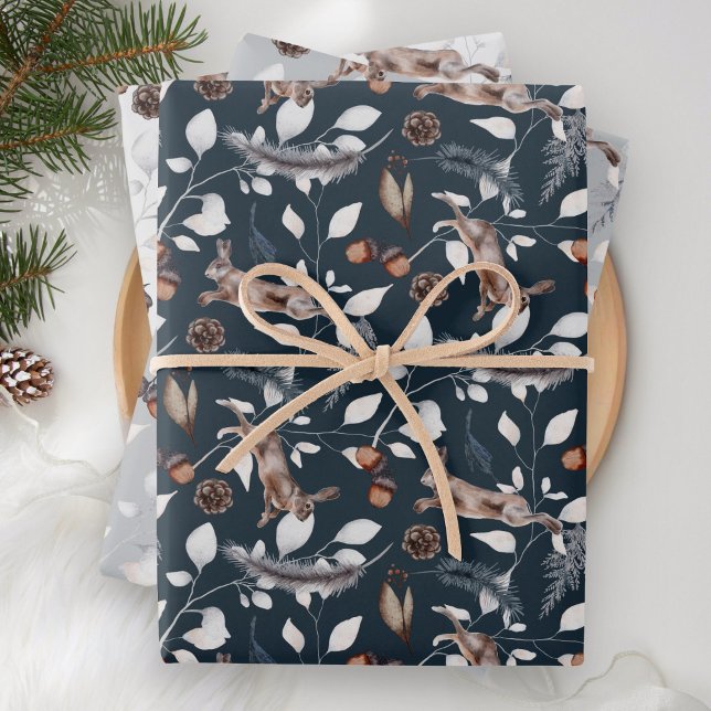 Rustic Watercolor Leaping Hare Winter Wrapping Paper Sheets (Creator Uploaded)