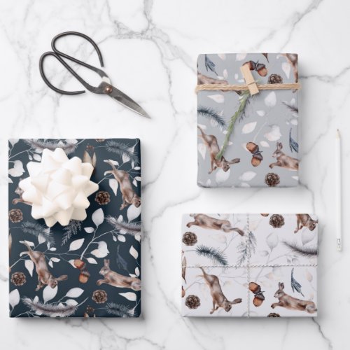 Rustic Watercolor Leaping Hare Winter Wrapping Paper Sheets