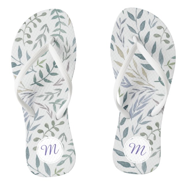 Rustic Watercolor Leaves and Foliage Monogram Flip Flops (Footbed)