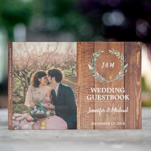 Rustic watercolor leaves barn wood photo Wedding Guest Book
