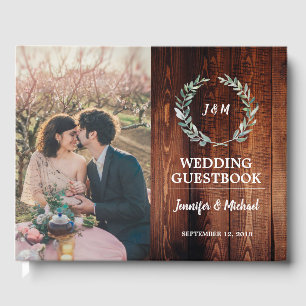 Rustic watercolor leaves barn wood photo Wedding Guest Book