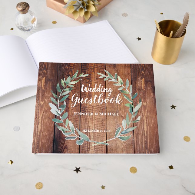 Rustic Watercolor leaves barn wood Wedding Guest Book (Front Open)