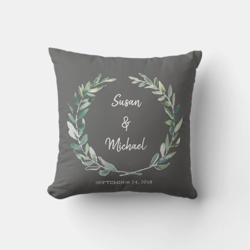 Rustic watercolor leaves bride and groom wedding throw pillow