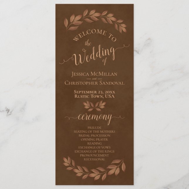 Rustic Watercolor Leaves Chestnut Brown Wedding Program (Front)