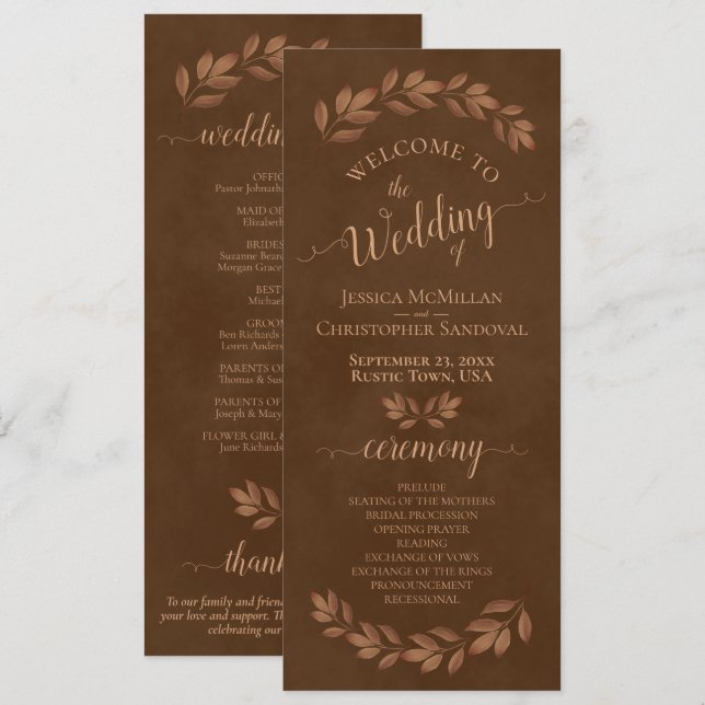 Rustic Watercolor Leaves Chestnut Brown Wedding Program (Front/Back)