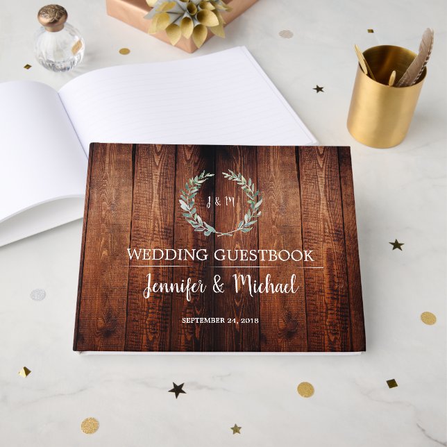 Rustic Watercolor leaves dark barn wood Wedding Guest Book (Front Open)