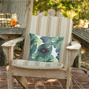 Rustic watercolor leaves family monogram outdoor pillow