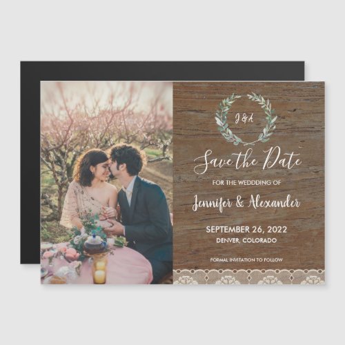 Rustic watercolor leaves lace wood monogram photo  magnetic invitation