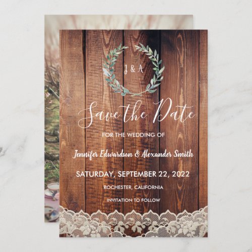 Rustic watercolor leaves lace wood photo save the date