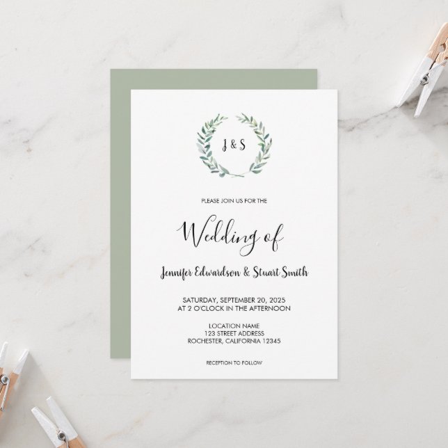 Rustic watercolor leaves monogram country Wedding Invitation (Front/Back In Situ)