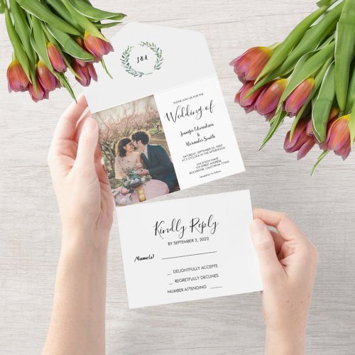 Rustic watercolor leaves monogram photo Wedding All In One Invitation