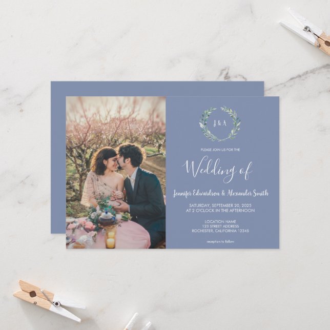 Rustic watercolor leaves monogram photo Wedding Invitation (Front/Back In Situ)