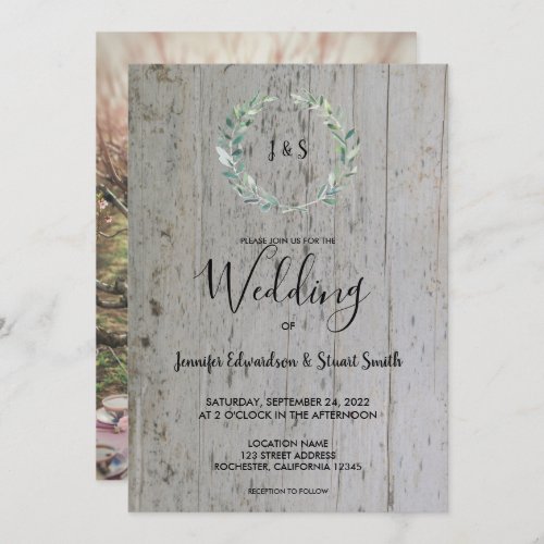 Rustic watercolor leaves monogram photo Wedding Invitation
