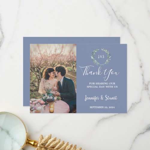 Rustic watercolor leaves monogram photo wedding thank you card