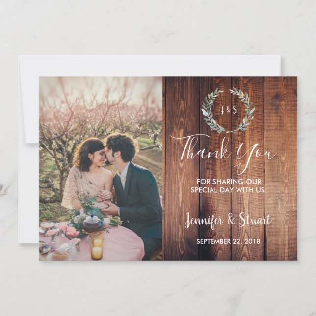 Rustic watercolor leaves monogram photo wedding thank you card (Front)