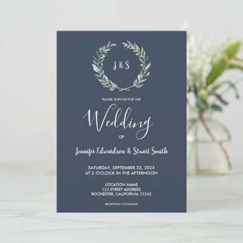 Rustic watercolor leaves monogrammed Wedding Invitation