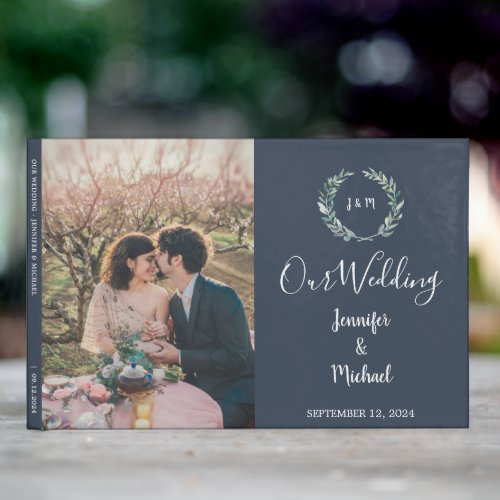 Rustic watercolor leaves navy blue photo Wedding Guest Book