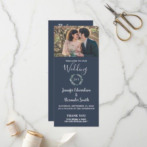 Rustic watercolor leaves navy blue photo wedding program