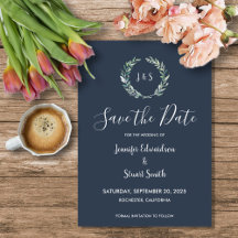 Rustic watercolor leaves navy blue Save the Dates