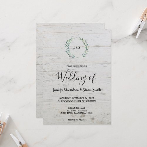 Rustic watercolor leaves on wood monogram Wedding  Invitation