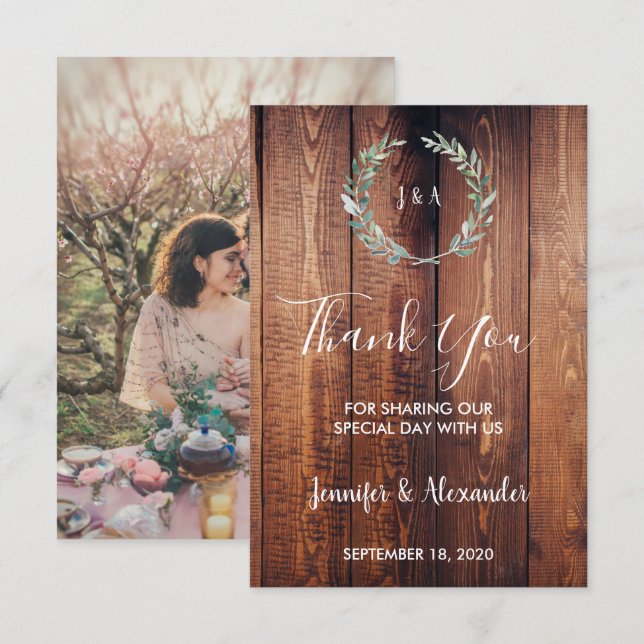 Rustic watercolor leaves Thank you photo wedding Invitation (Front/Back)