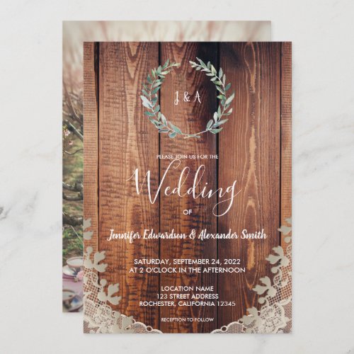 Rustic watercolor leaves wood lace photo wedding invitation