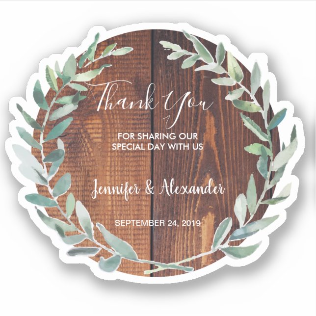 Rustic Watercolor leaves wood Thank You wedding Sticker (Front)