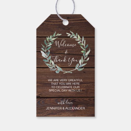 Rustic watercolor leaves wood wedding Welcome bag  Gift Tags