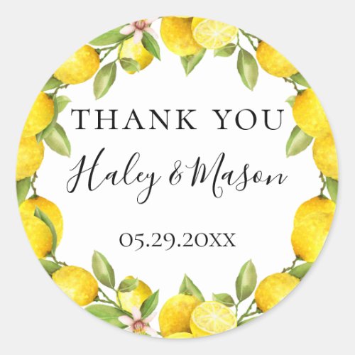 Rustic Watercolor Lemon Frame Thank You Favor Classic Round Sticker