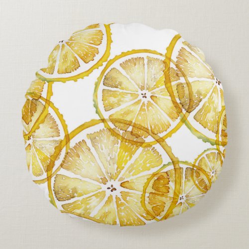 Rustic Watercolor Lemon Slices Pattern Round Pillow