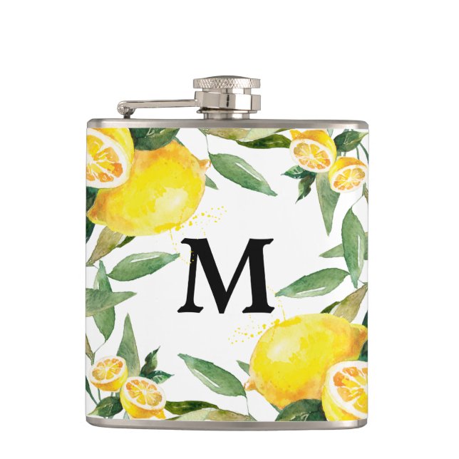 Rustic Watercolor Lemon Wedding Flask (Front)