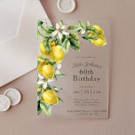 Rustic Watercolor Lemons 60th Birthday Acrylic Invitations<br><div class="desc">This beautiful Mediterranean themed acrylic 60th birthday party invitation exudes rustic charm. It features a cascading arrangement of fresh watercolor lemons in citrus yellow and green with white blossoms. It makes a beautiful choice for birthday celebrations at any age and has a bright and cheerful color scheme evoking happiness and...</div>