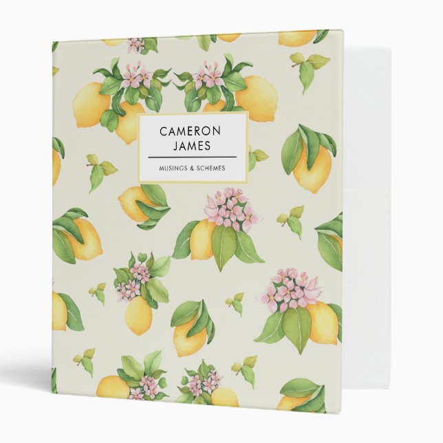 Rustic Watercolor Lemons and Greenery Pattern  3 Ring Binder (Front/Inside)
