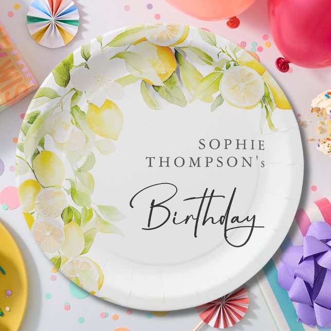 Rustic watercolor lemons birthday paper plates (Creator Uploaded)