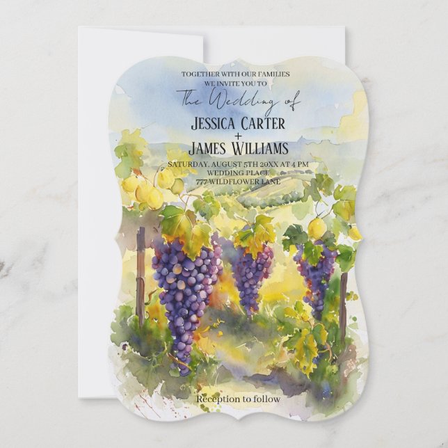 Rustic Watercolor Lemons Grapes Vineyard Wedding Invitation (Front)