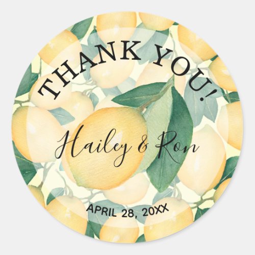 Rustic Watercolor Lemons Greenery THANK YOU Classic Round Sticker