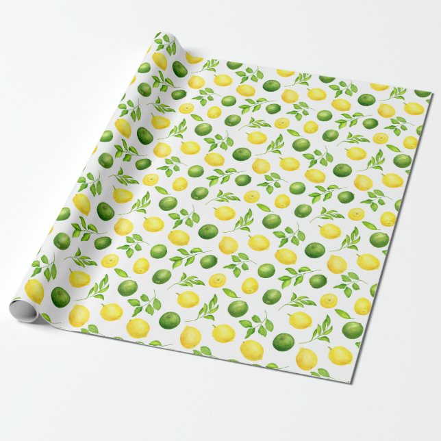 Rustic Watercolor Lemons Limes & Greenery Pattern Wrapping Paper (Unrolled)