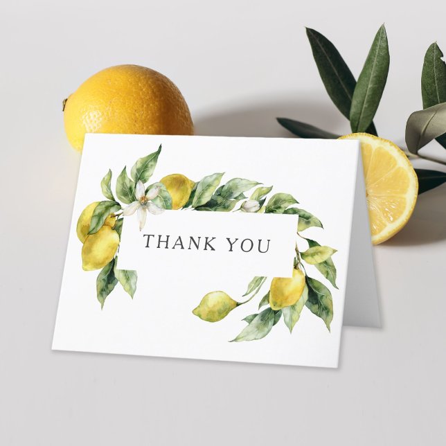 Rustic Watercolor Lemons Wedding Thank You Card (Sample thank you message inside to edit or use as written!)