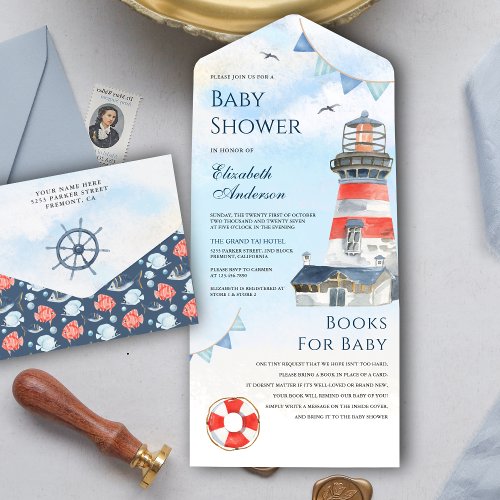 Rustic Watercolor Lighthouse Nautical Baby Shower All In One Invitation