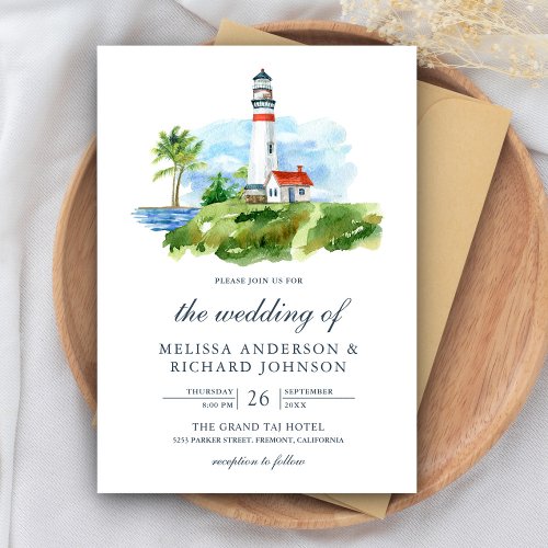 Rustic Watercolor Lighthouse Nautical Wedding Invitation