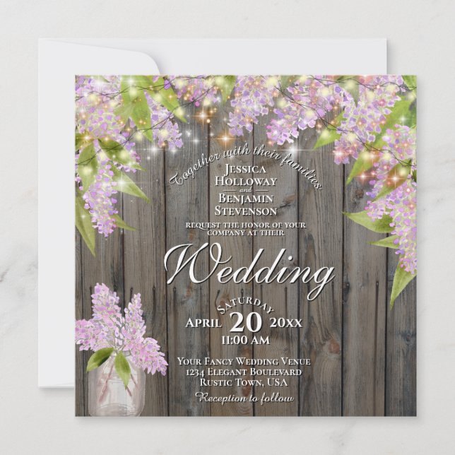 Rustic Watercolor Lilacs Barn Wood Square Wedding Invitation (Front)