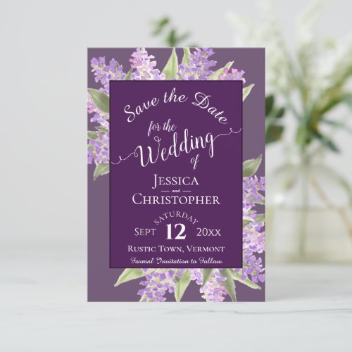 Rustic Watercolor Lilacs Calligraphy Plum Wedding  Save The Date